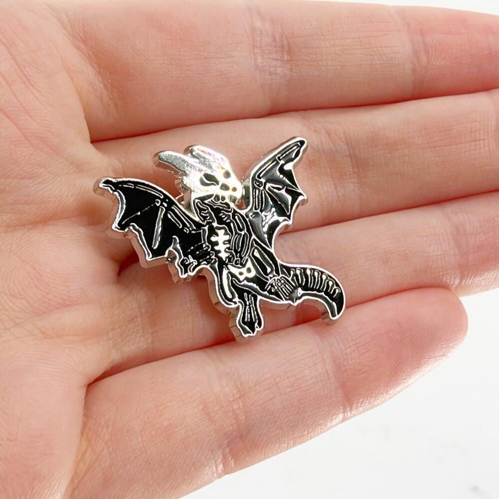 Skeletal Dragon Enamel Pin Black Silver Gothic Fantasy RPG